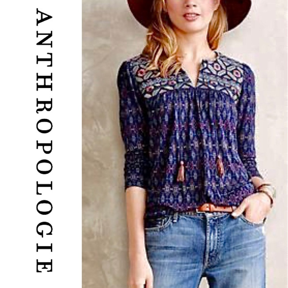 Anthropologie Majorelle Embroidered Peasant Top M